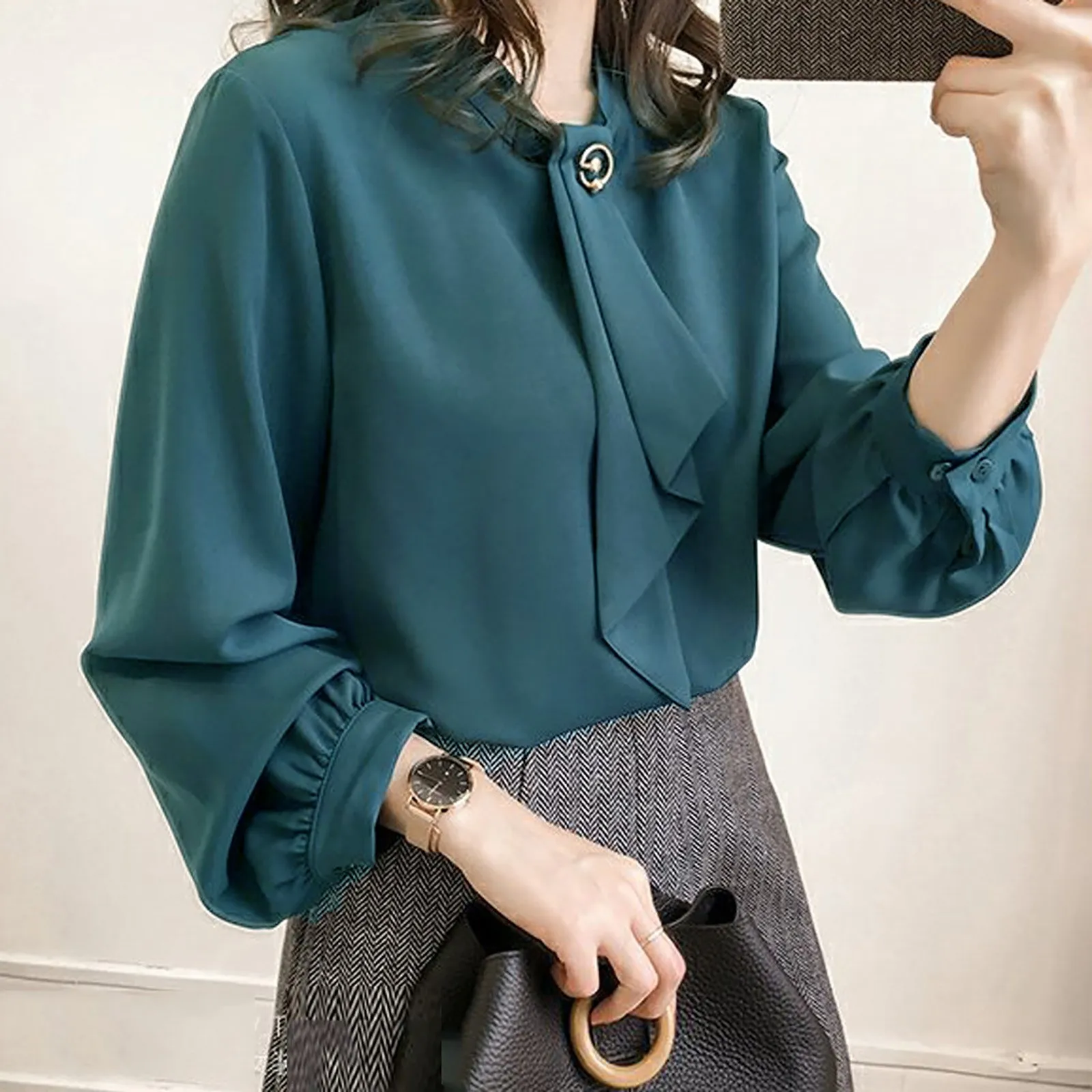 Spring Summer Elegant Blouses Ladies’ Casual Long Lantern Sleeve Solid Round Neck Chiffon Thin Shirt And Blouse Office Lady Tops