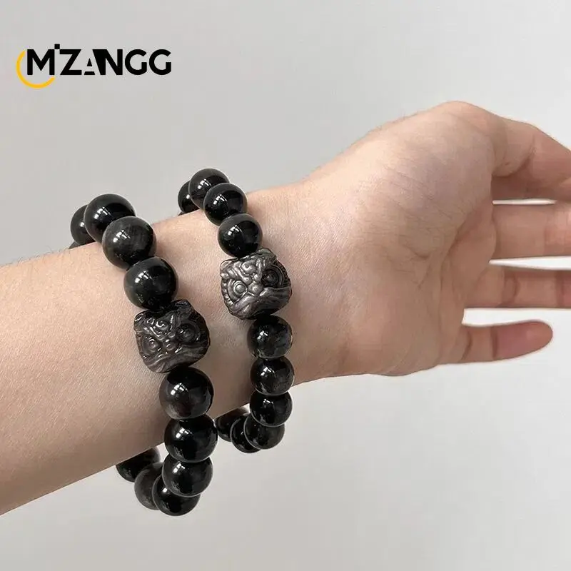 Natural Obsidian Bracelet Gold and Silver Obsidian Cat PiXiu Beads Strings Hand-carved Luxury Jewelry Lucky Amulet Men and Women