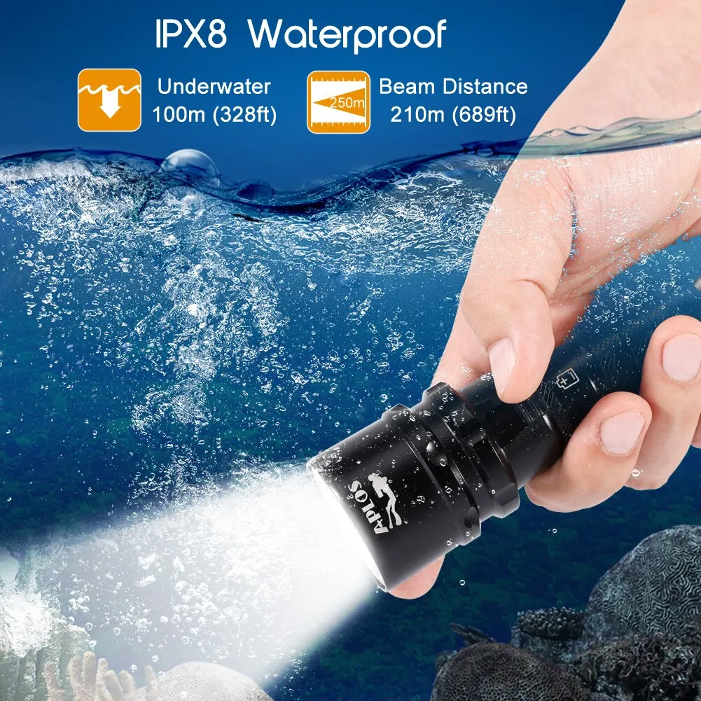 APKubAP20-Lampe de Plongée Sous-Marine Étanche IPX8, Torche Sous-Marine avec Chargeur de Batterie Rechargeable, 2000 Lumens