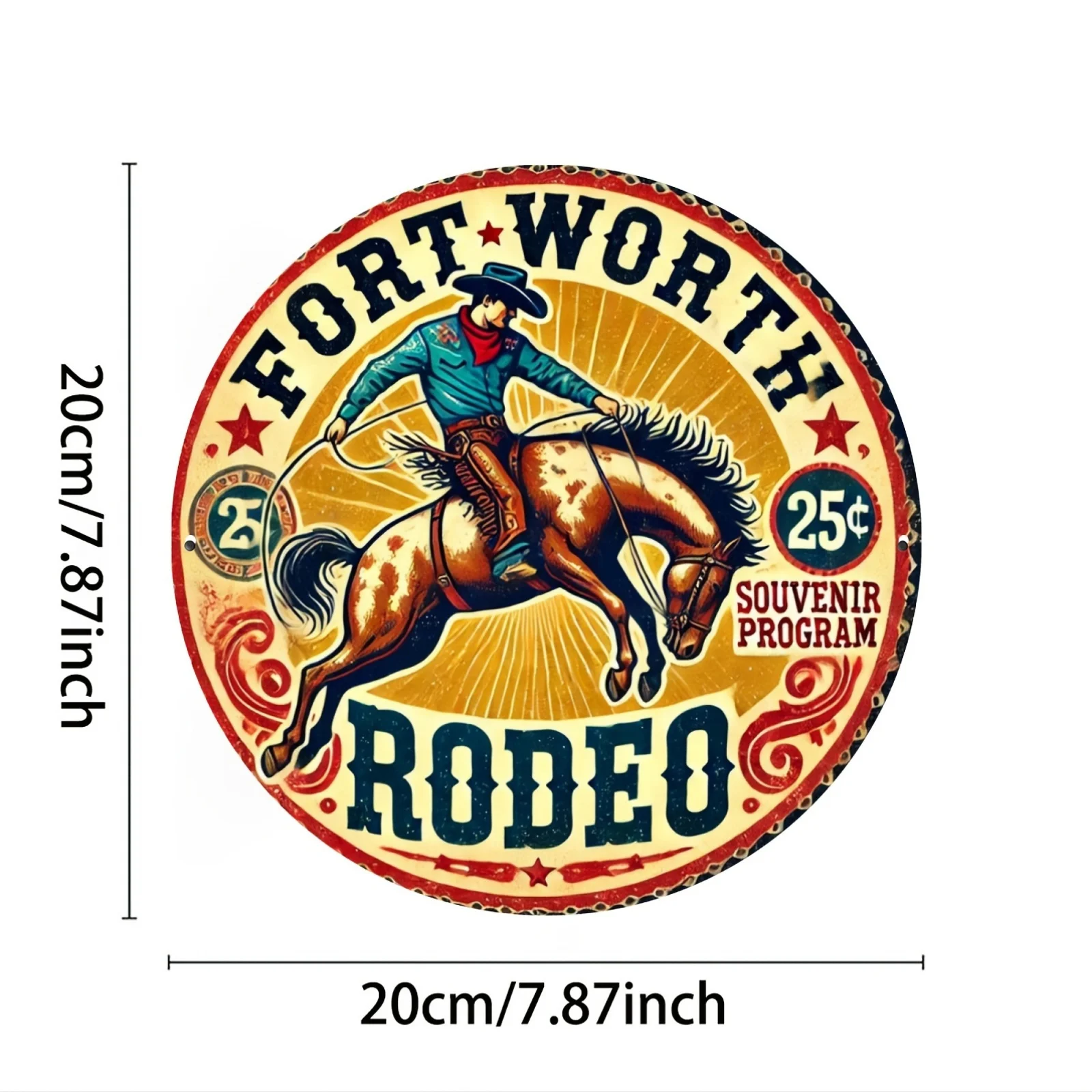 [Vintage Rodeo Sign] Rustic 8x8 Inch Vintage Fort Worth Rodeo Round Metal Sign | Aluminum Wall Art with Cowboy & Horse Design, P
