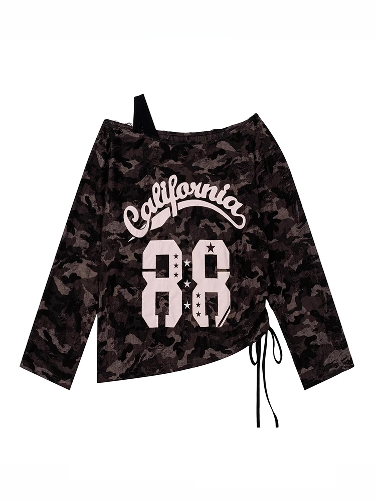 الأمريكية الساخنة فتاة التمويه إلكتروني طباعة طويلة Sve تي شيرت المرأة أوائل الخريف فضفاض الرباط مربوط أعلى Ci المشي Sle