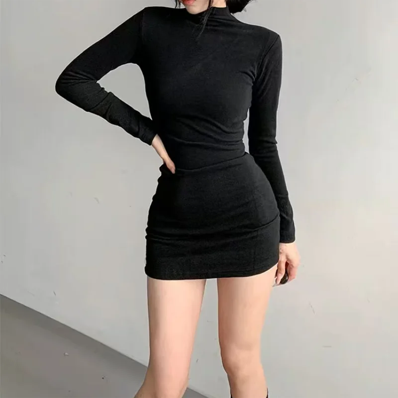 Fashion New Solid Half High Collar Dresses Autumn Winter Women Long Sleeves Sexy Bodycon Mini Dress Club Elegant Party Dresses