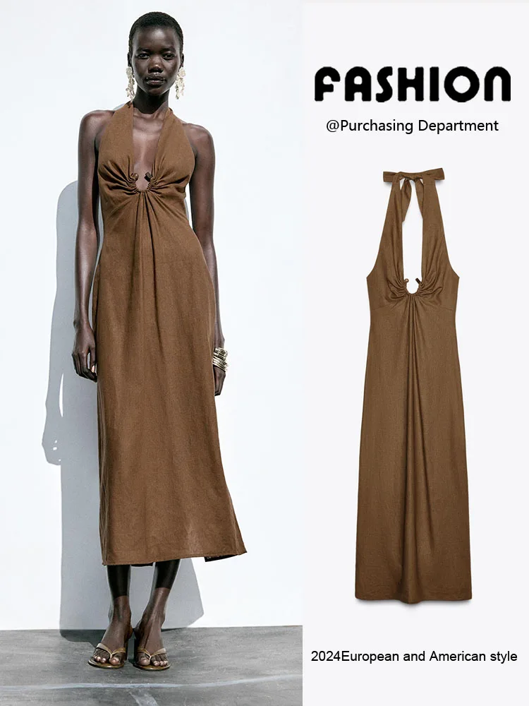 

Summer New Arrival Mixed Fiber ter Ne Bal Midi Dr Women's Faionable Ele Sle ZA2025 83504 745