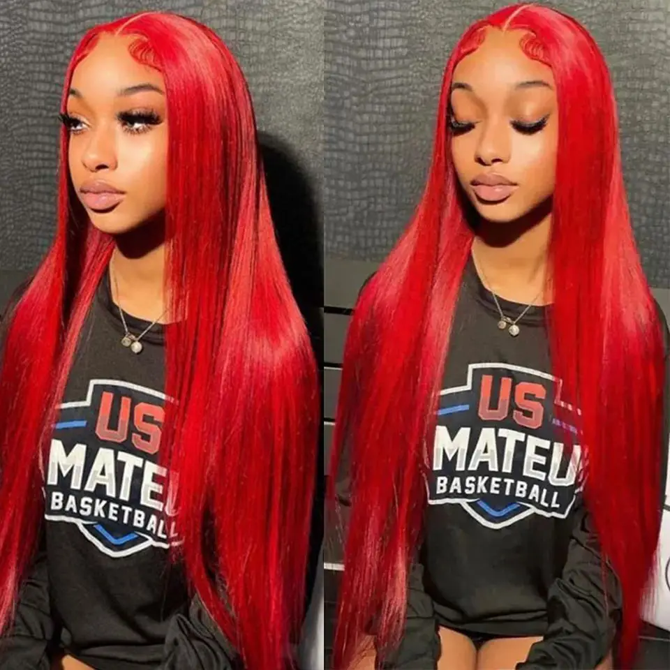 Deep Part Red Lace Front Wig Silky Straight Heat Resistant Synthetic Lace T Part Wig 24Inch