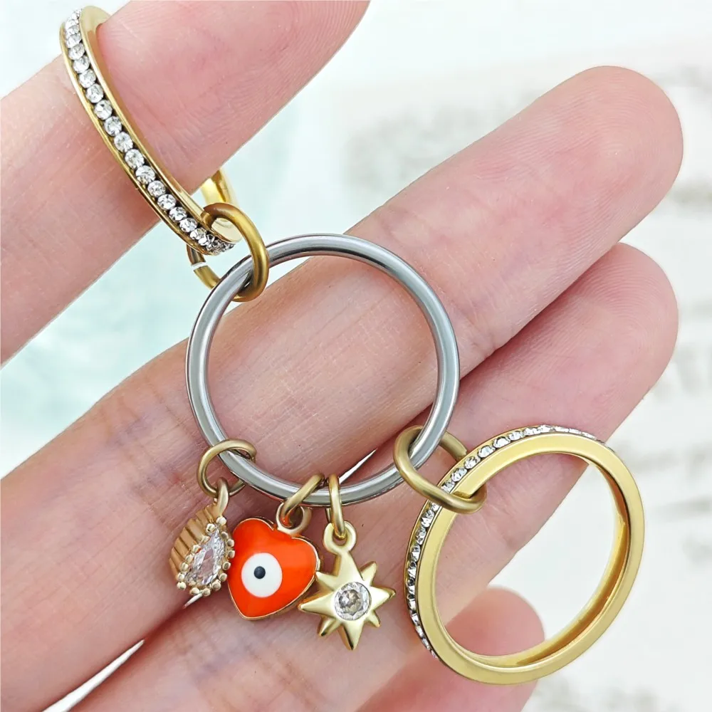 الملونة القلب مع دلايات عين الشر التراص خواتم للنساء الفتيات كامل زركونيا الفولاذ المقاوم للصدأ سبينلي كيلكولين خاتم