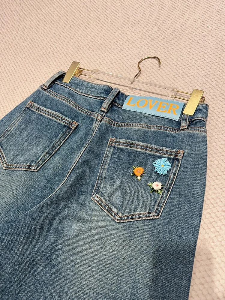 

Женские джинсы с цветочным декором, прямые широкие штанины, высокая талия, из смесового хлопка, на молнии, для зимнего сезона, женский крой