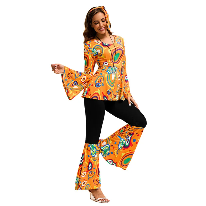 Ensemble haut et Bot imprimé Disco avec écharpe, épissure multicolore, Costume de spectacle sur scène ethnique transfrontalier pour femmes, nouvelle collection 2025