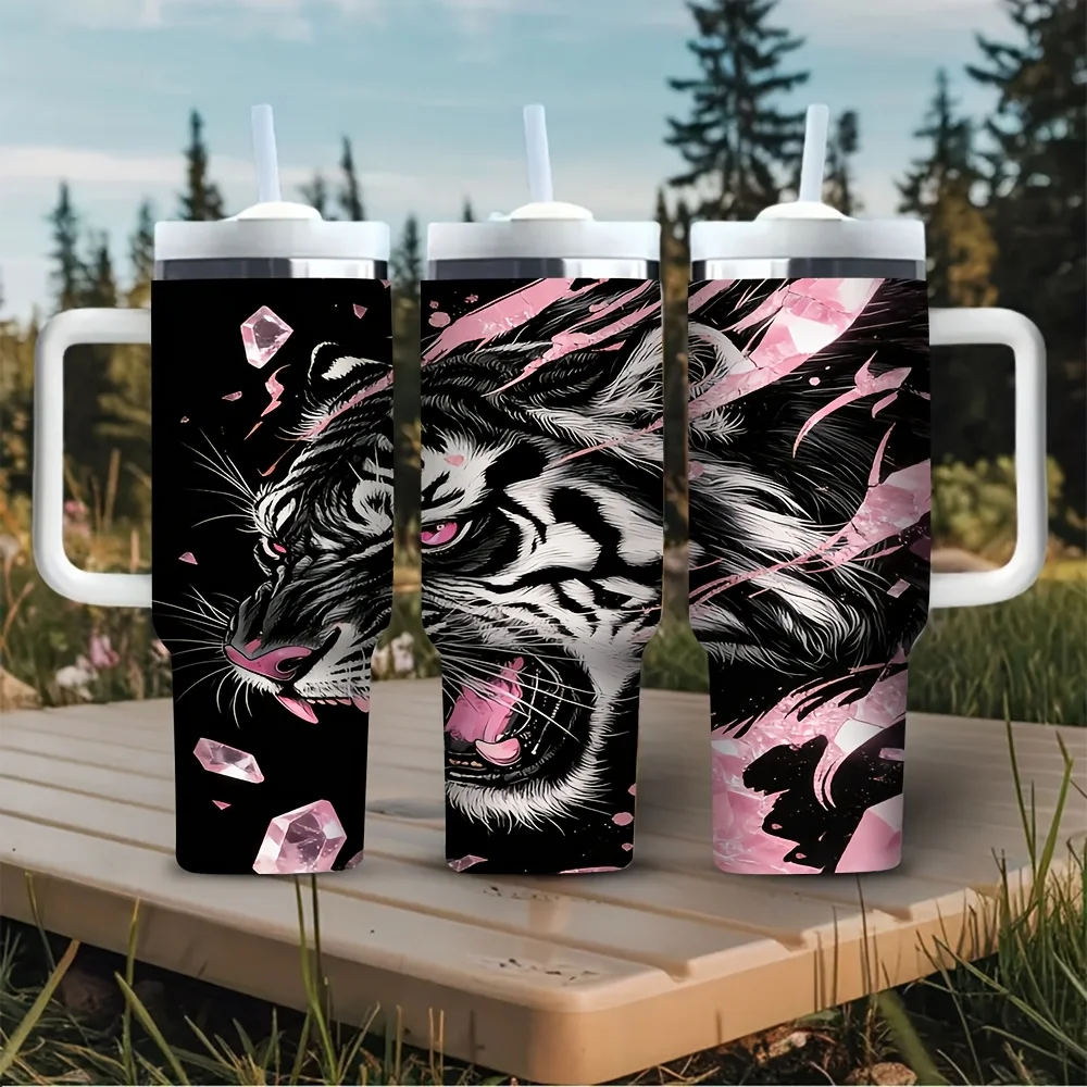 40oz Pink and Black Tiger Pattern Tumbler with Handle, Suitable for Animal Art Lovers, Perfect for Travel, Camping, Outings and Daily Use, Great for Outdoor Activities, Fits Both Hot and Cold Drinks