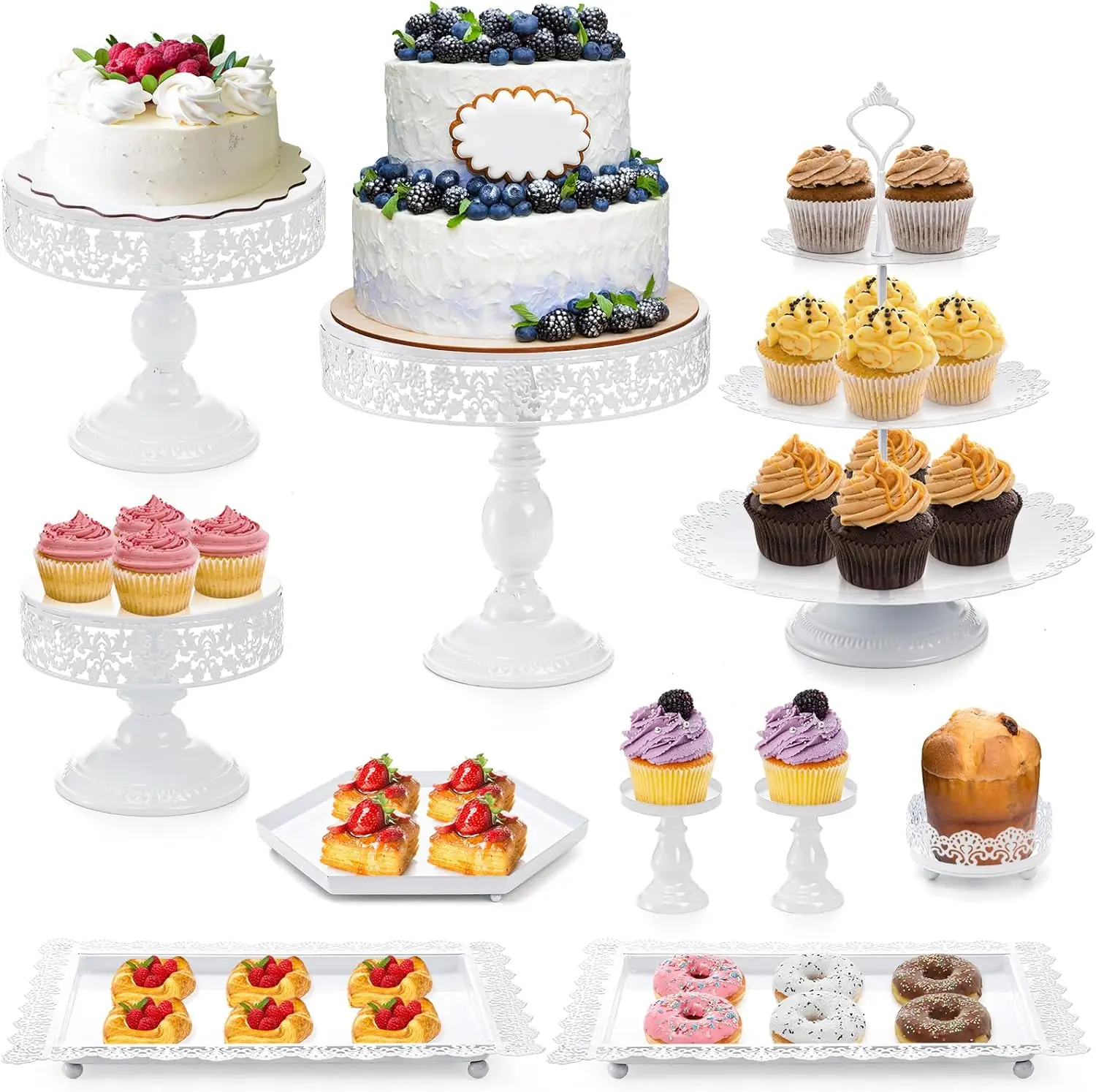 

10-Piece White Metal Cake Stand Set, 3-Tiered Cupcake Display for Weddings, Birthdays, Tea Parties