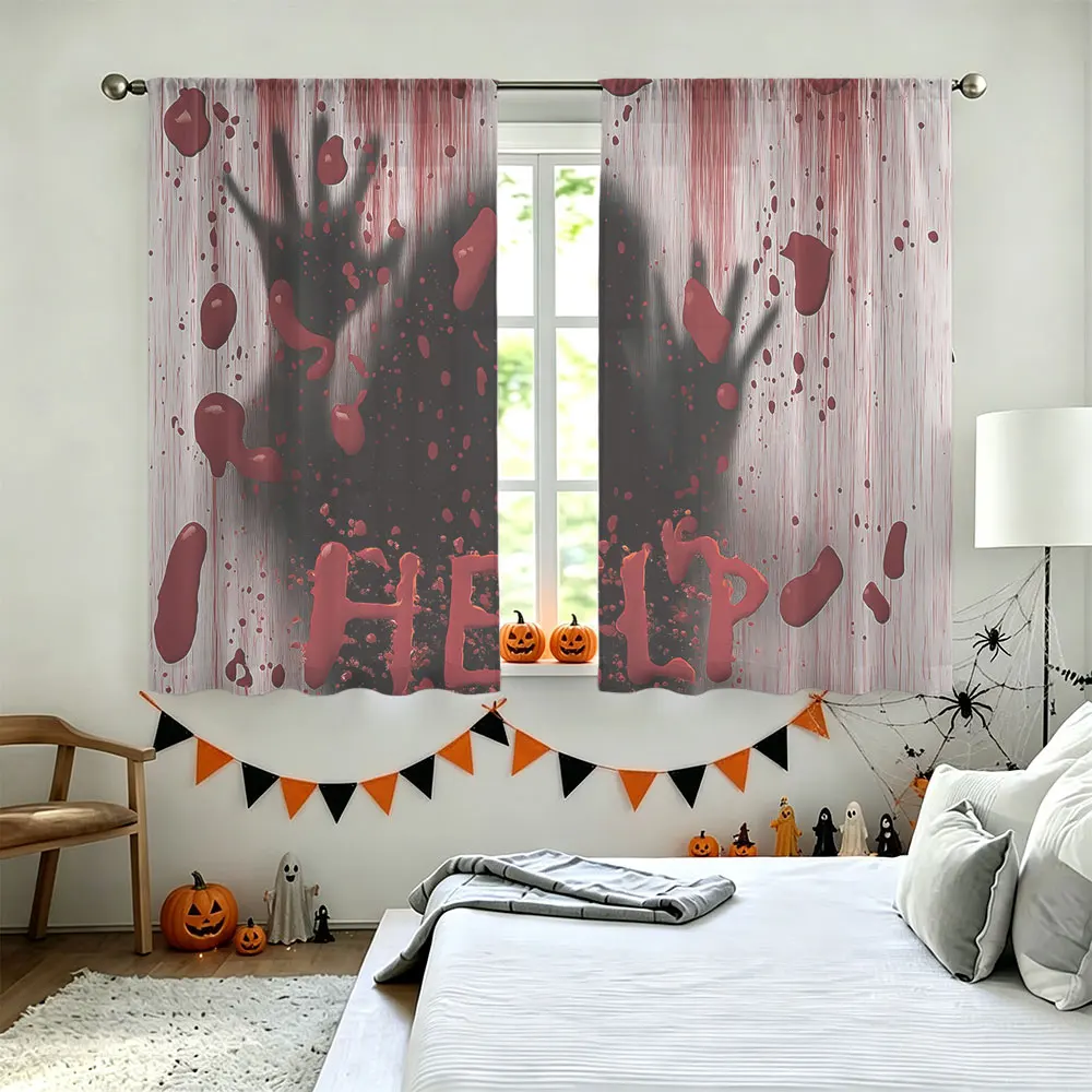 2pcs 90g brushed fabric curtain rods with terrifying bloody handprint and HELP pattern on the T-shirt suitable home decoration