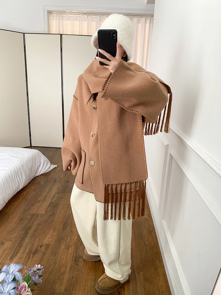 TWOTWINSTYLE Solid Patchwork Tassel Losse Jacket For Women O Neck Long Sleeve Spliced Button Temperament Coats Female Clothes