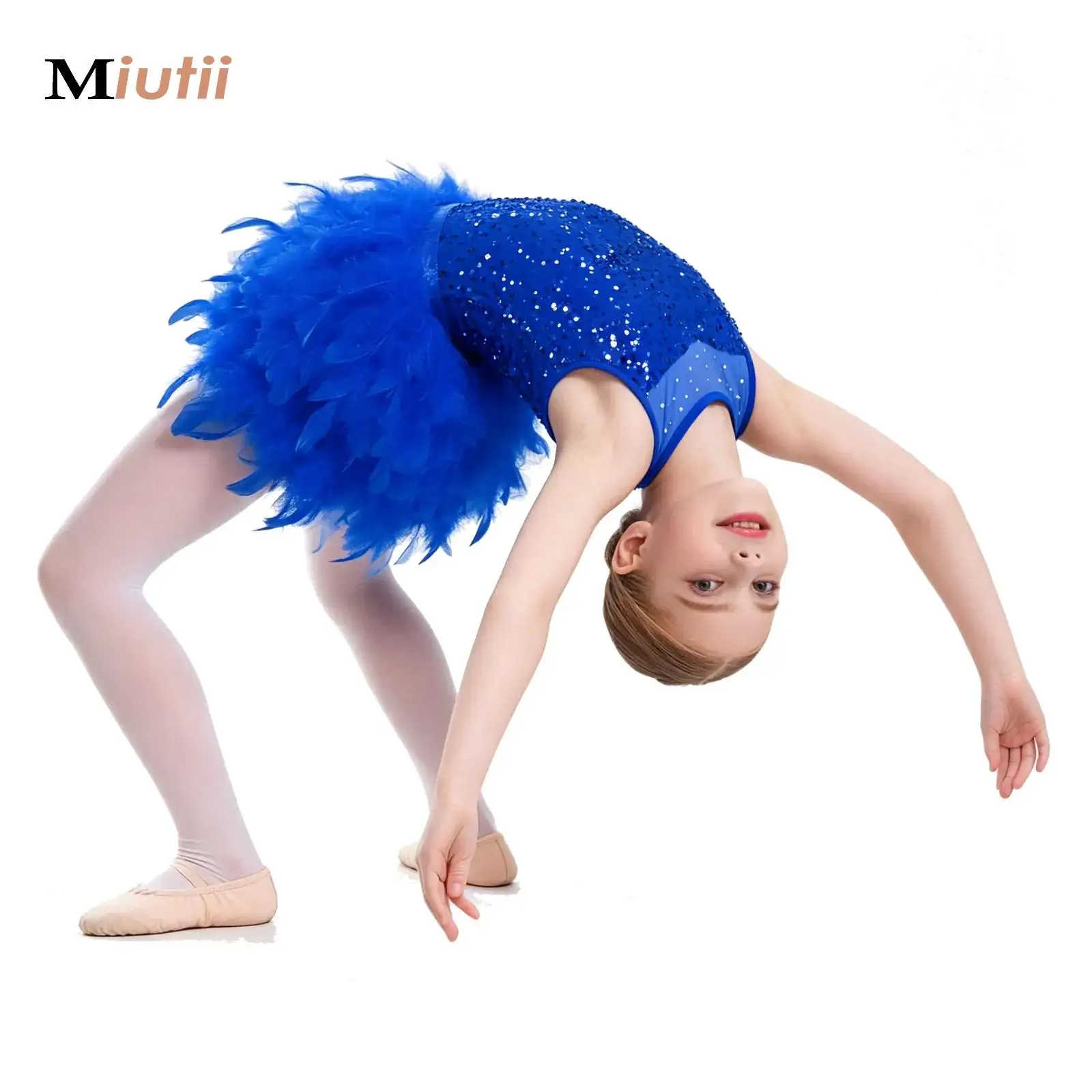 

Kids Girls Sequins Feather Velvet Skirted Tutu Dress Ballet Leotard Children Gymnastics Bodysuit Teen Jazz Latin Skating Costume