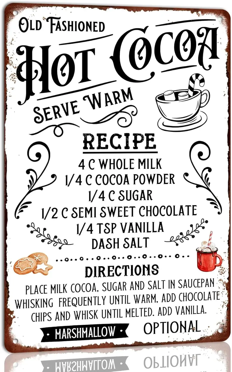 Letrero de hojalata de Metal de Navidad, receta de cacao caliente antigua, arte de pared, póster Retro para cocina, cafetería, hogar, decoración de granja, Vintage P