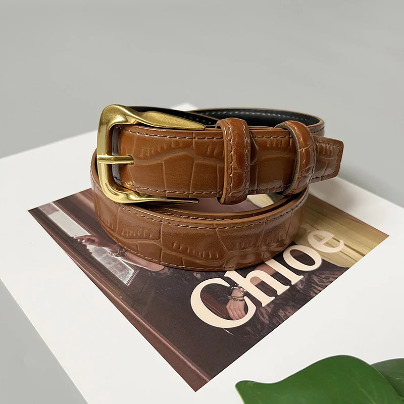 Cowhide Gold-Plated Buckle Belt Original Retro Classic Embossed Ladies Crocodile Belt Versatile Genuine Leather Trend 2.8cm Widt