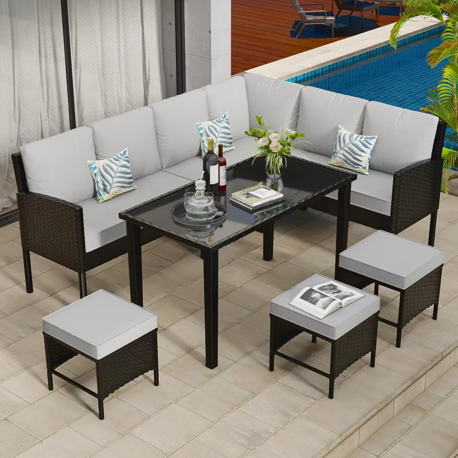 u*-7-Piece Patio Furniture Set, Outdoor Conversation Set With Dining Table & Ottomans, PE Rattan Sofa Set With Throw, Customized