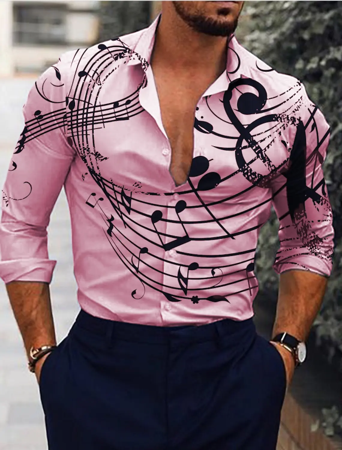 Men\'s Shirt Graphic Shirt Text Music Notes Turndown Long Sleeve Print Button-Down Clothing Fashion Designer Casual Breathable