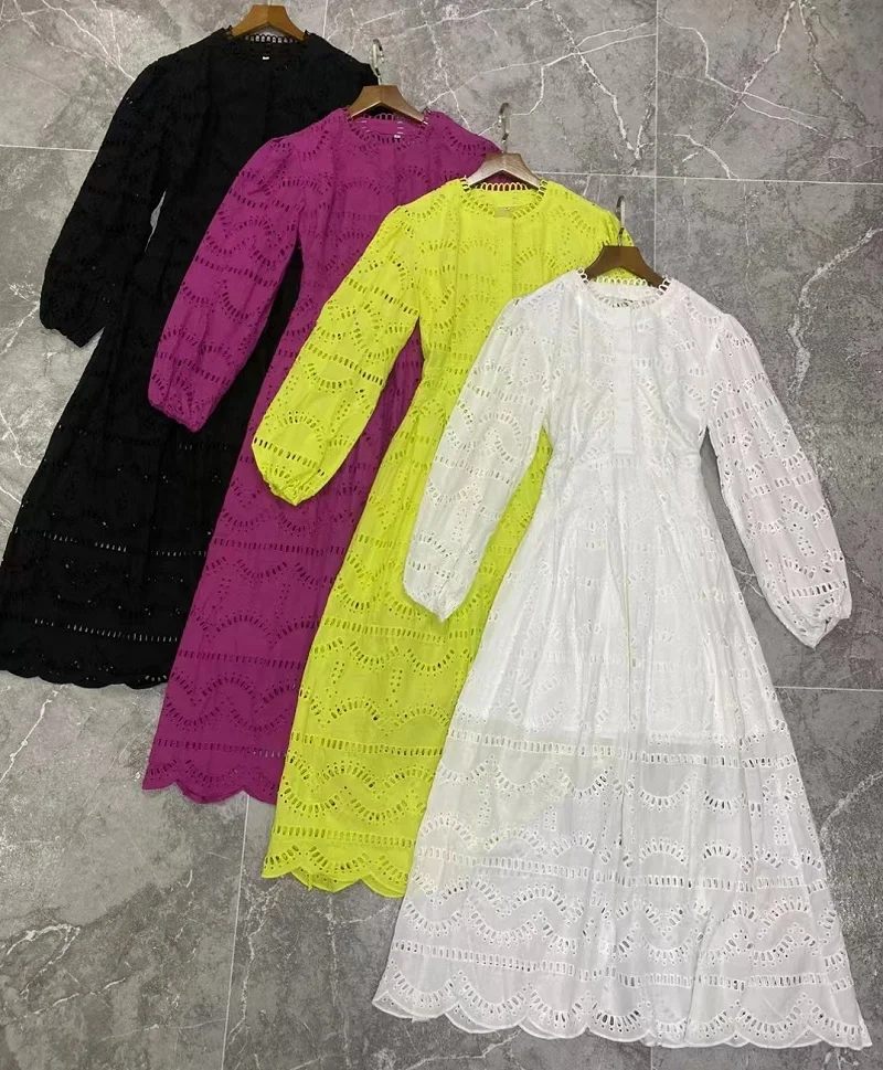 

Top Quality New Long Dress 2024 Spring Evening Women Allover Hollow Out Embroidery Long Sleeve Purple White Yellow Maxi Dress