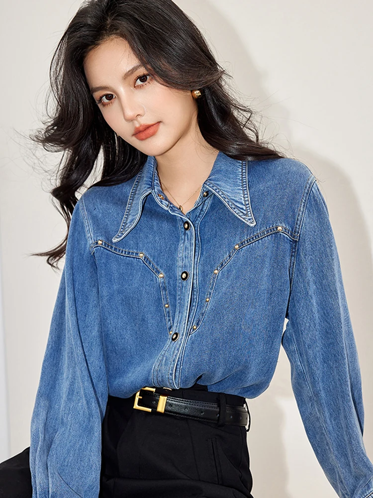 Women Retro Denim Shirt 2024 Casual Loose Long Sleeve Shirt Tops Fashionable Versatile Denim Jacket Coat