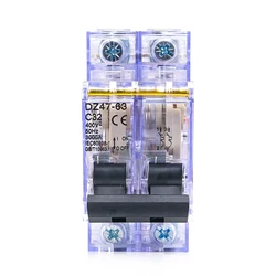 DZ47-2P 투명 회로 차단기, 이중 극, DIN 레일, 과부하 및 단락 보호, 높은 안전성, 230V, 400V, 32A