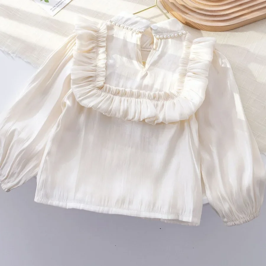 2024 Spring Cotton Solid Lace White Blouse Summer Striped Shirt Korean Baby Long Sleeve Tops Cute Shirts School Girls Blouses