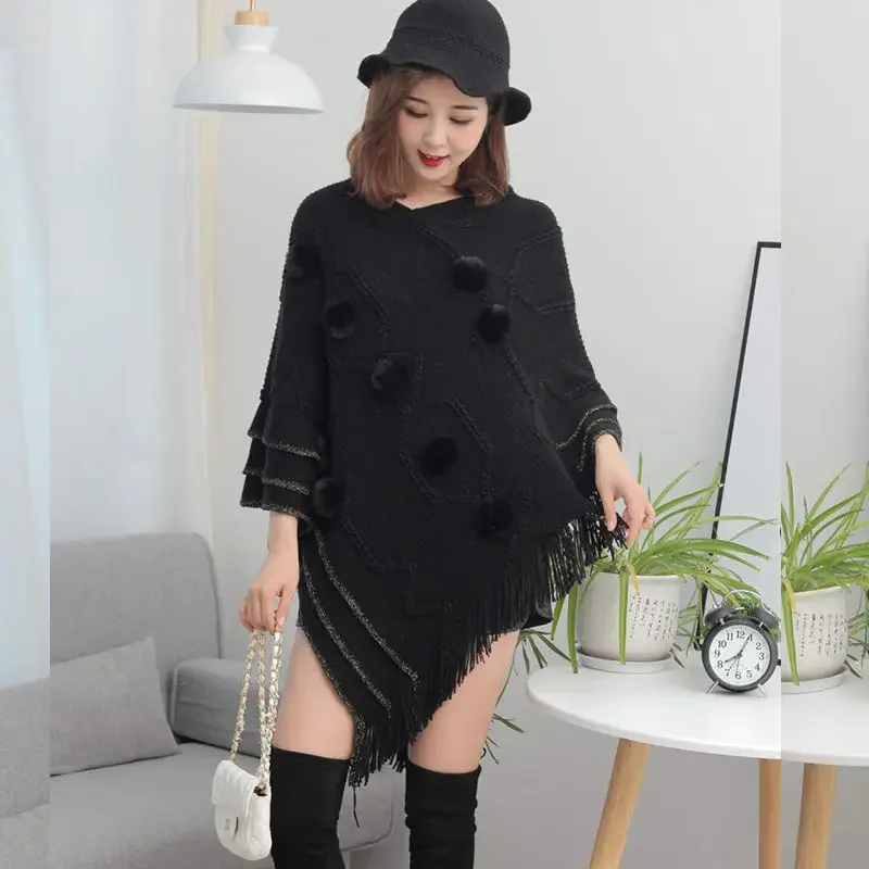 

Black NEW Women Spring Knit Tassels Pullover Lady Out Loose Coat Sweater Vest Party Scarf Over Cloth Top Shawl Cloak Cape Poncho