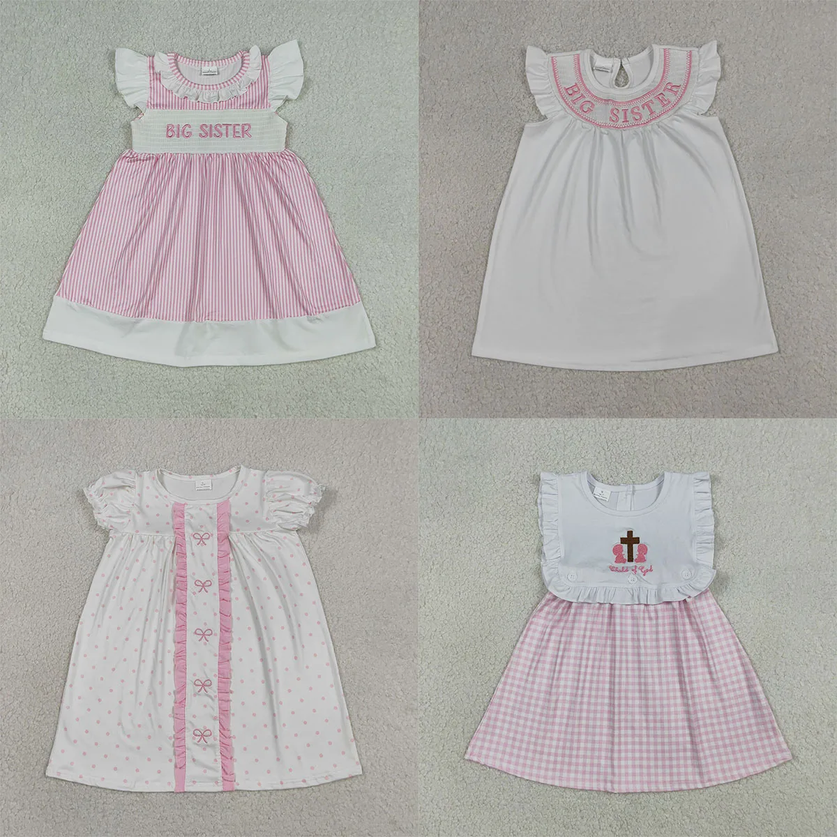 Fashion Comfy Baby Girl Clothes Smocked Big Sister Flutter Sleeve Pink Stripe Knee Length Dresses Toddler Clothing Wholesale
