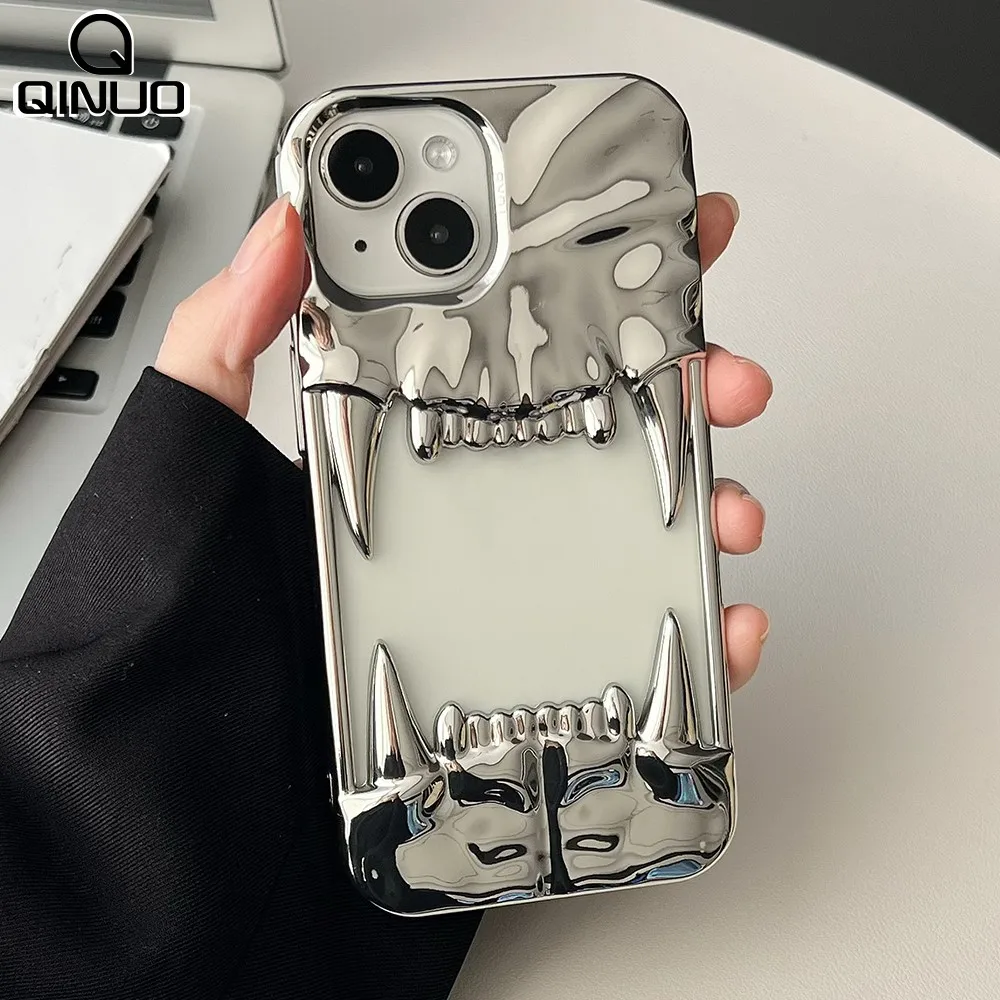 3D Electroplated Tiger Teeth Hollow Phone Case for iPhone 17 Air 16 15 14 Plus 13 12 11 Pro Max Shoc