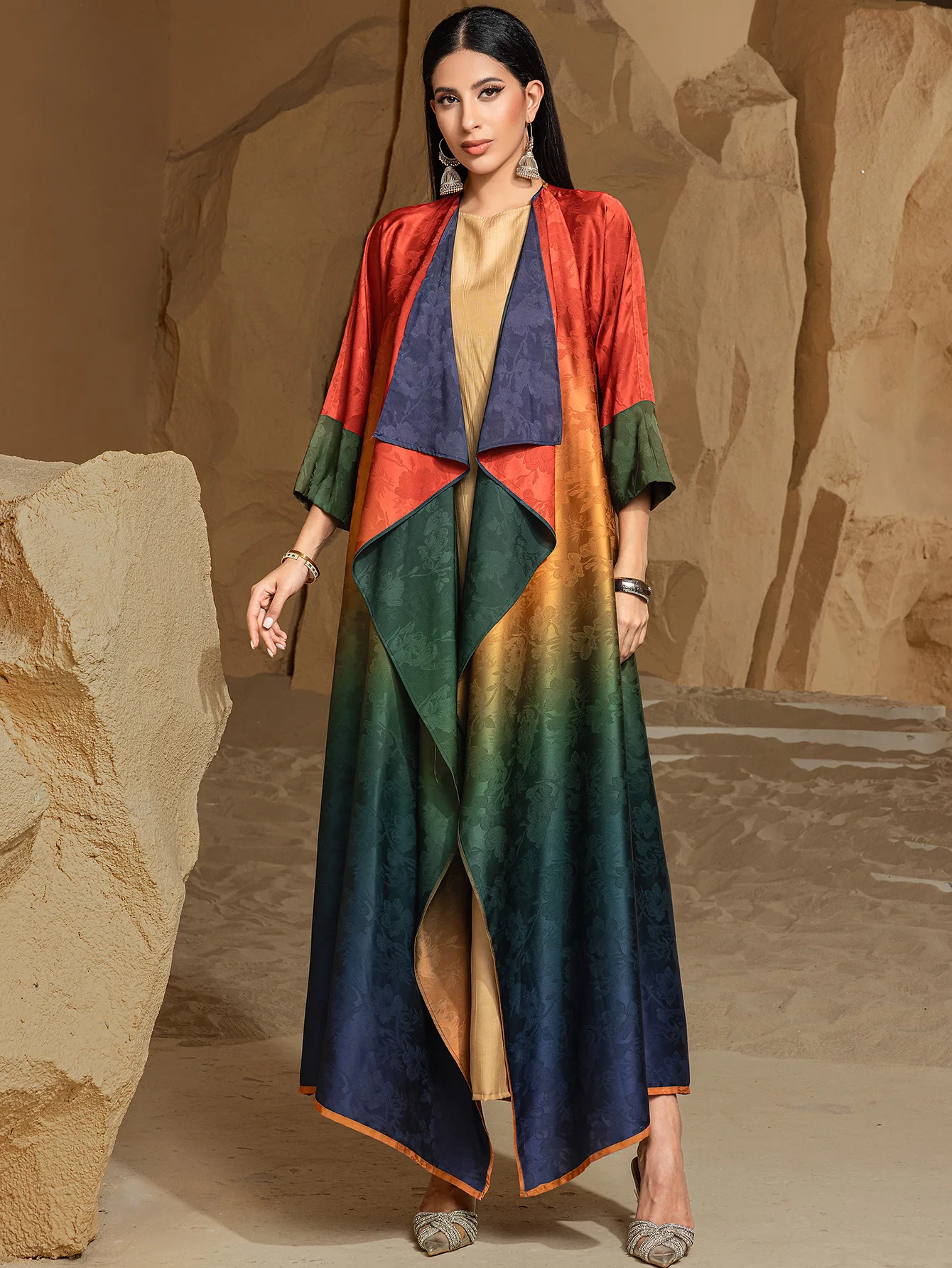 

Gradient Color Satin Kimono Open Abaya Ramadan Dubai Kaftan Muslim Women Maxi Dress Eid Islam Jalabiya Reversible Cardigan Robe
