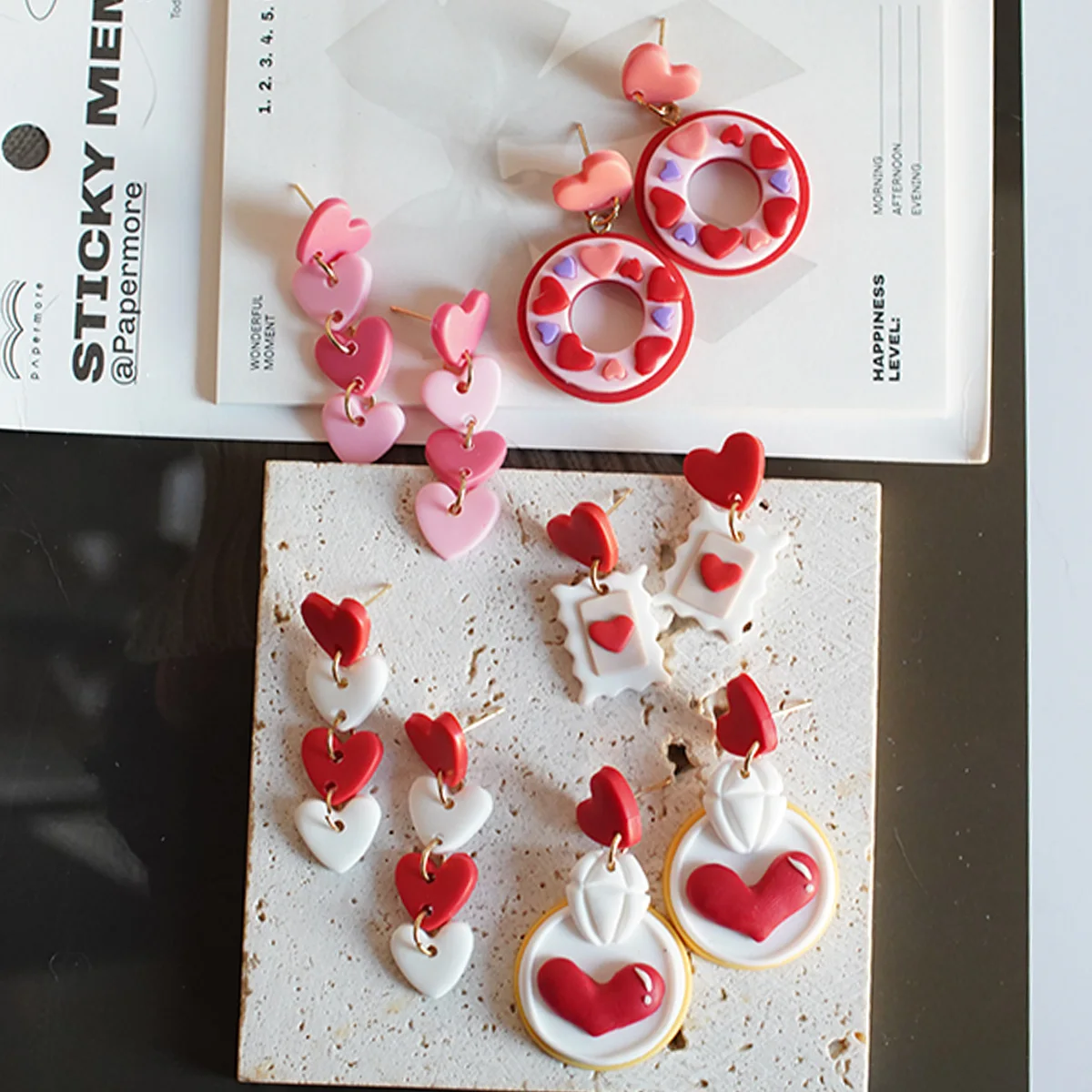 Pop Trendy Heart Stamp Donut Links Dangle Polymer Clay Earrings Sets For Valentine Holiday Daily Women's Accessories