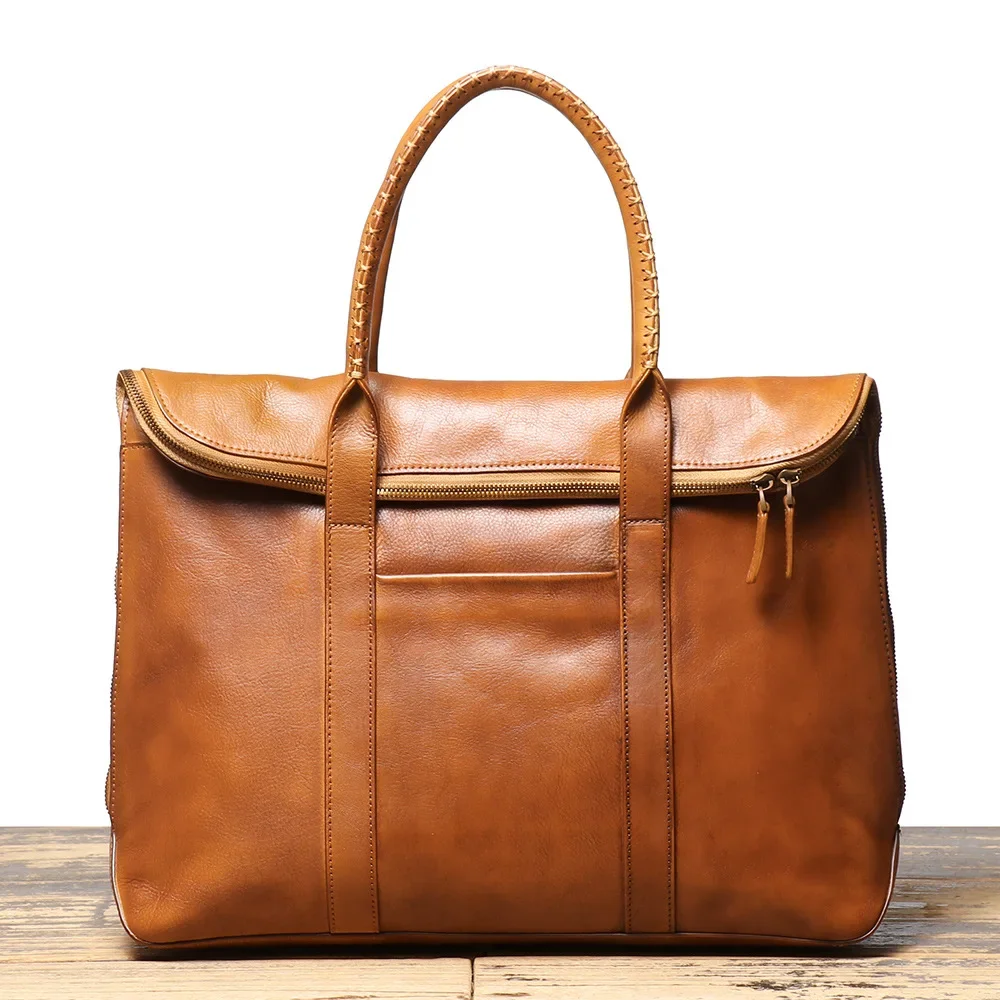 

Vintage Men's Leather Briefcase Cowhide Laptop Bag with Wipe Color Plant Tanned Leather Shoulder Crossbody File Bag