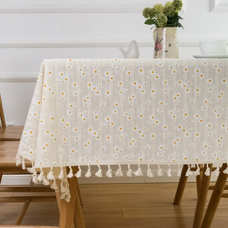 

Korean Style Small Daisy Floral Cotton Linen Table Cover for Coffee Dining Wedding Tea Table Decor Pastoral Tablecloth Rectangle