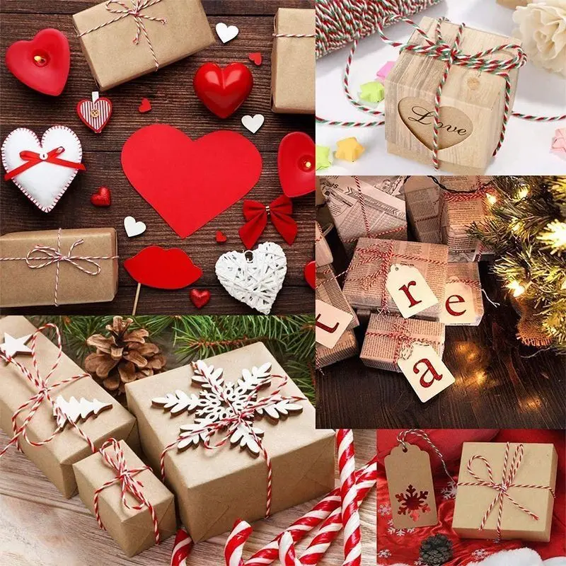 100M Double Color Cotton Baker Twine Rope Red White Cotton Rope Christmas Wedding Decoration Gift Package String DIY Crafts Wrap