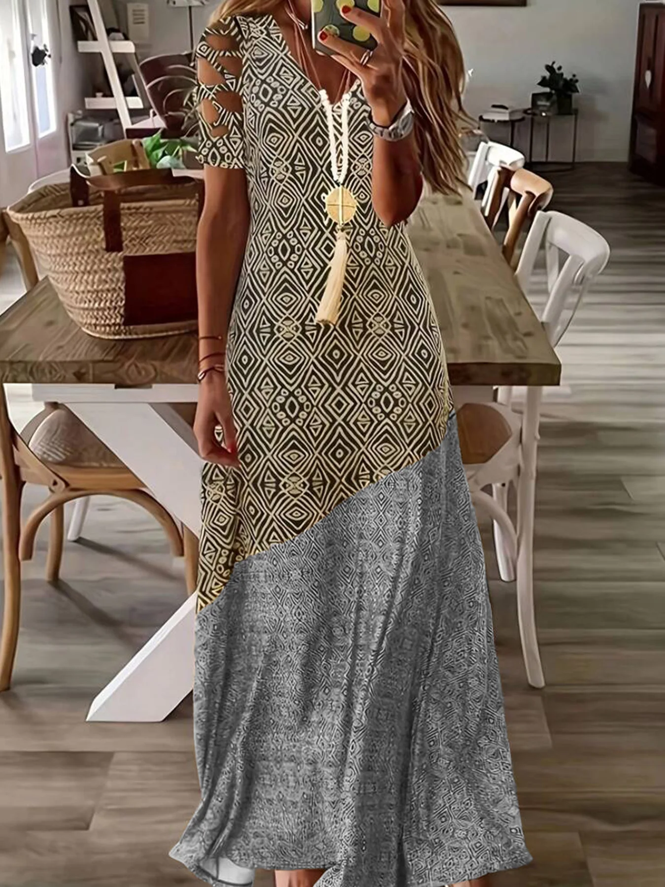 Europeu e americano transfronteiriço verão nova venda quente com decote em v oco boêmio moda vestido impresso saia longa