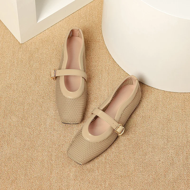 Fashion Square Toe Mesh Ballet Flats Buckle Strap Mary Janes Breathable Hollow Out Single Shoes Female Flat Bottom Casual Shoes