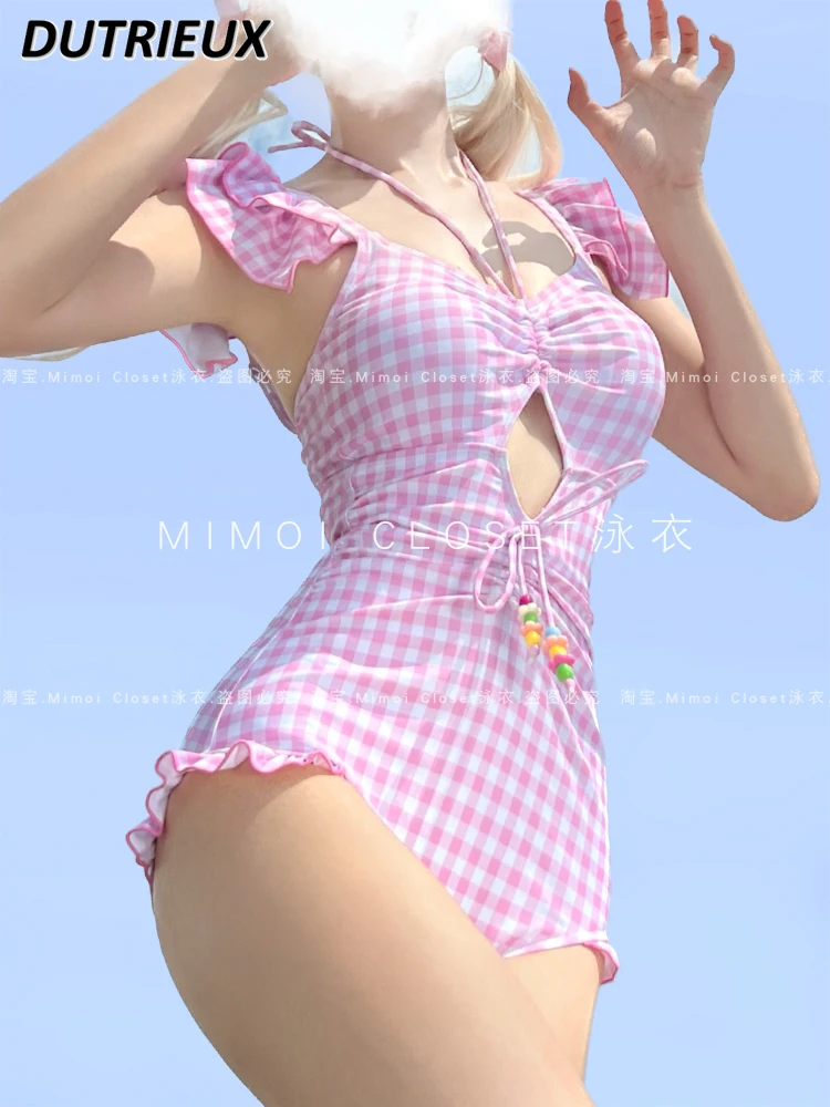 Girl Pink Plaid Swimwear 2024 New Japanese Style Sweet Cute Simple One-Piece Suits for Lady Fashion Halter Swimsuit for Women