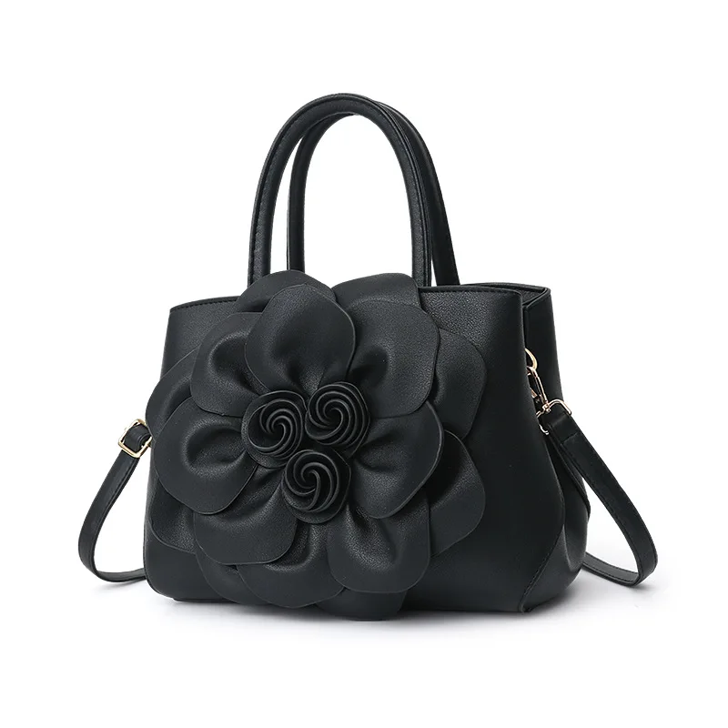 Spring Solid Color College Style Women\'s Bag PU Leather Flower Hand Shoulder Bag Cute Bag