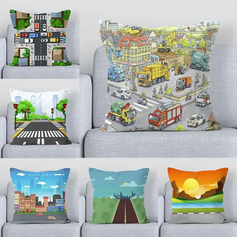 Office Home Decoration Sofa Pillowcase City Road Cartoon Decorative Pillowcase Sofa Cushion Pillowcase