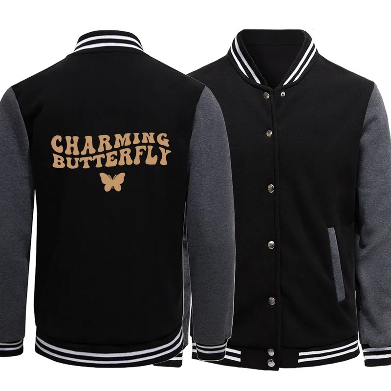 

Charming Butterfly Letter Prints Jacket Trend Men Baseball Suit Fleece Splicing Coats Crewneck Comfortable Neutral Sportswear