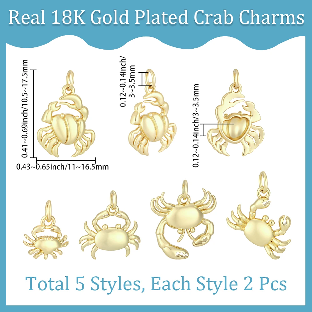10Pcs Crab Charms 18K Gold Plated Sea Animal Charms Ocean Beach Charm for Jewelry Making Summer DIY Crafts Bracelet Necklace