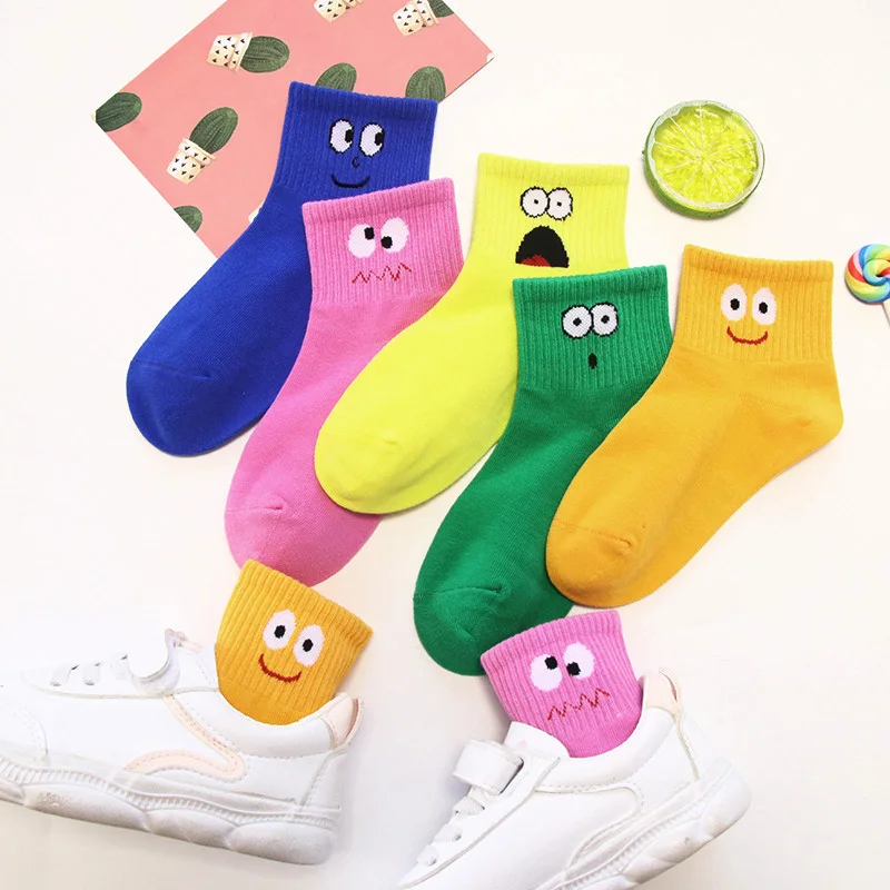 5 Pairs Kids Socks Cute Funny Face Emoticons Pattern Comfortable Breathable Boys Girls Socks