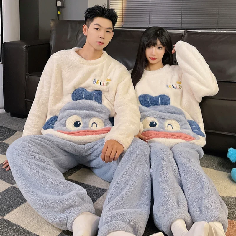 Cartoon Sanrio couple pajamas winter plush warm round neck loose jade cinnamon dog two-piece loungewear women\'s pajamas set