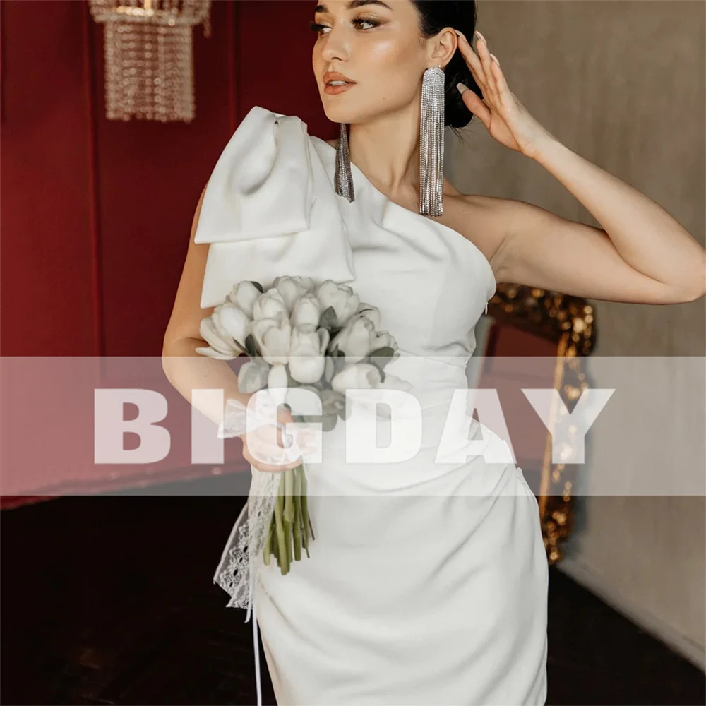 Simple Short Wedding Dresses One Shoulder Pleat Crepe Open Back Sheath Bow Sleeveless Bridal Gown Vestidos De Noiva Customized