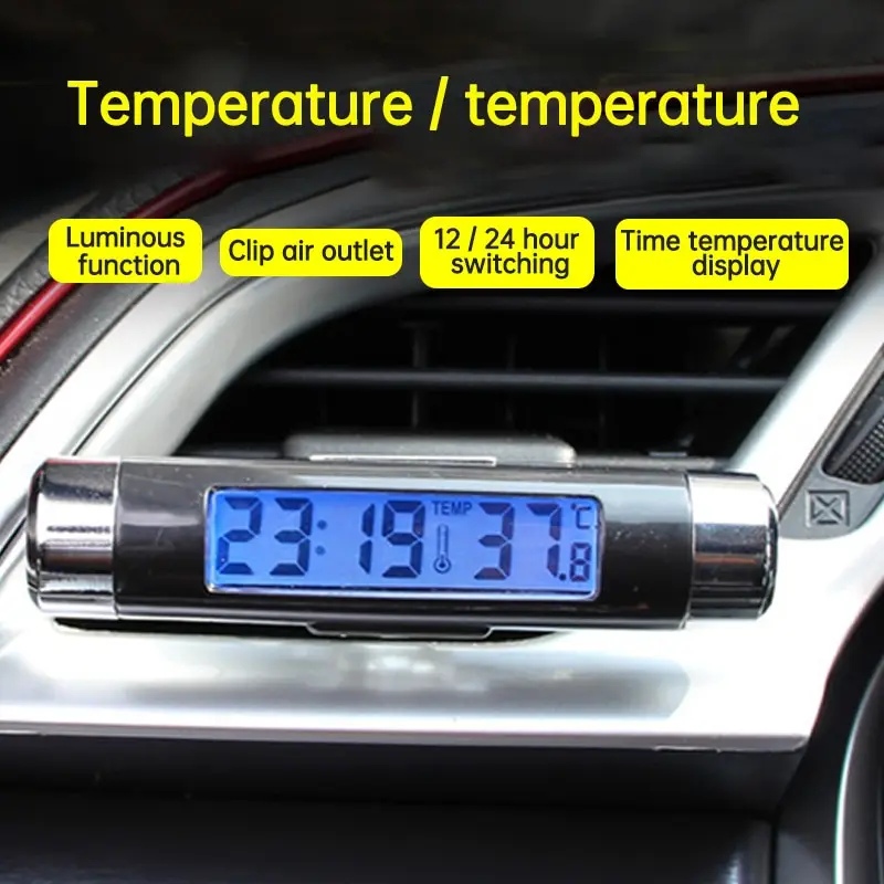 Car Air Outlet Thermometer Electronic Clock Time Led Digital Display Thermometer with Back Luminous Car Supplies