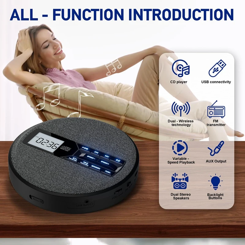 Reproductor de CD portátil, reproductor de CD recargable con altavoces duales y antisaliva, CD, Bluetooth dual, transmisión FM, USB, AUX-VVNB
