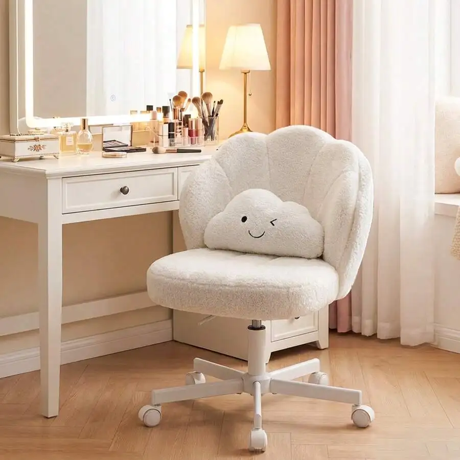 CloudRest Pro Vanity Desk Chair, 18.5' Extra-Wide Seat, Height Adjustable Furry Makeup Chair With Cloud Pillow, Soft Swivel Desk