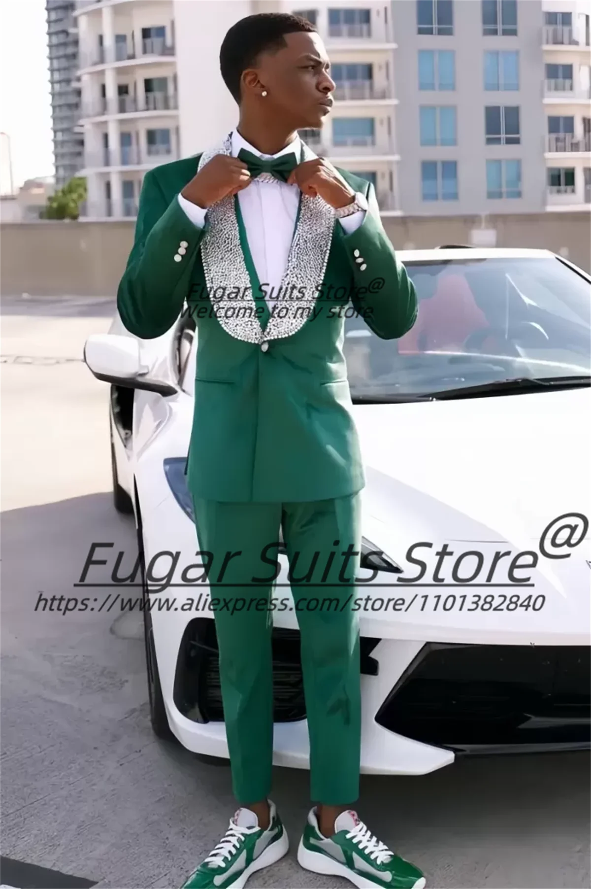 Fashion Shiny Beading Groom Wedding Tuxedos Elegant Dark Green One Button Prom Men Suits Slim Fit Shawl Lapel 3 Pieces Sets