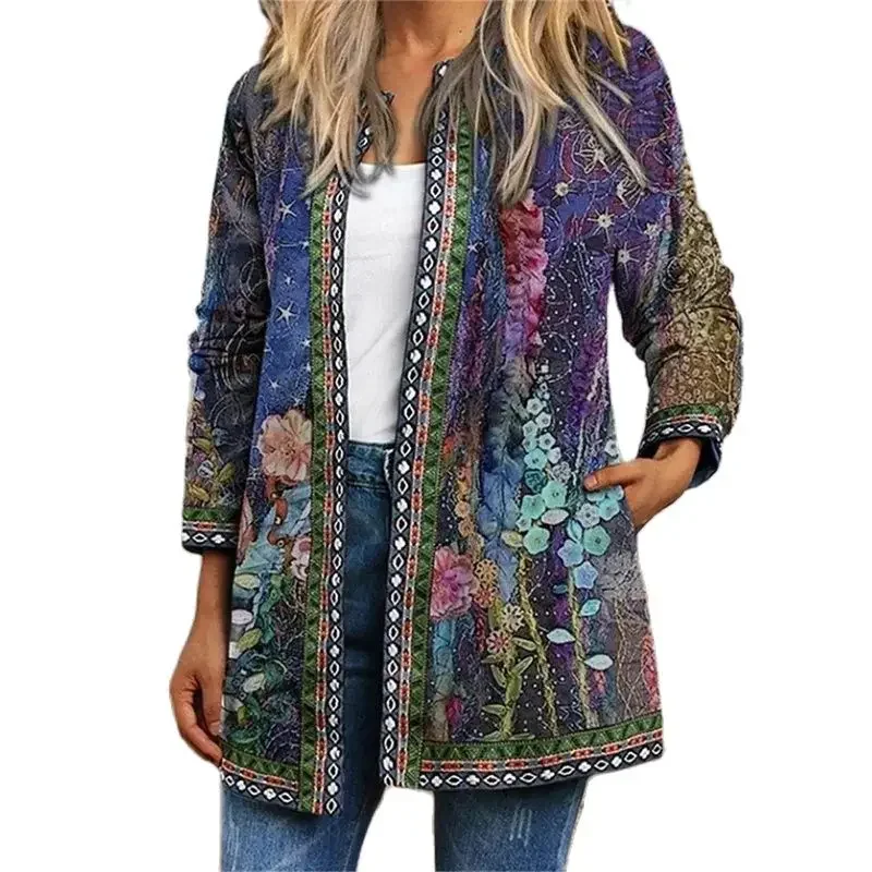 Vintage Ethnic Style Print Side Pockets Jacket Women Autumn O Neck Long Sleeve Outerwear Female Comfortable Casual Cardigan Coat