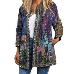 Chaqueta con bolsillos laterales y estampado de estilo étnico Vintage para mujer, prendas de vestir exteriores de manga larga con cuello redondo, cárdigan informal cómodo para mujer