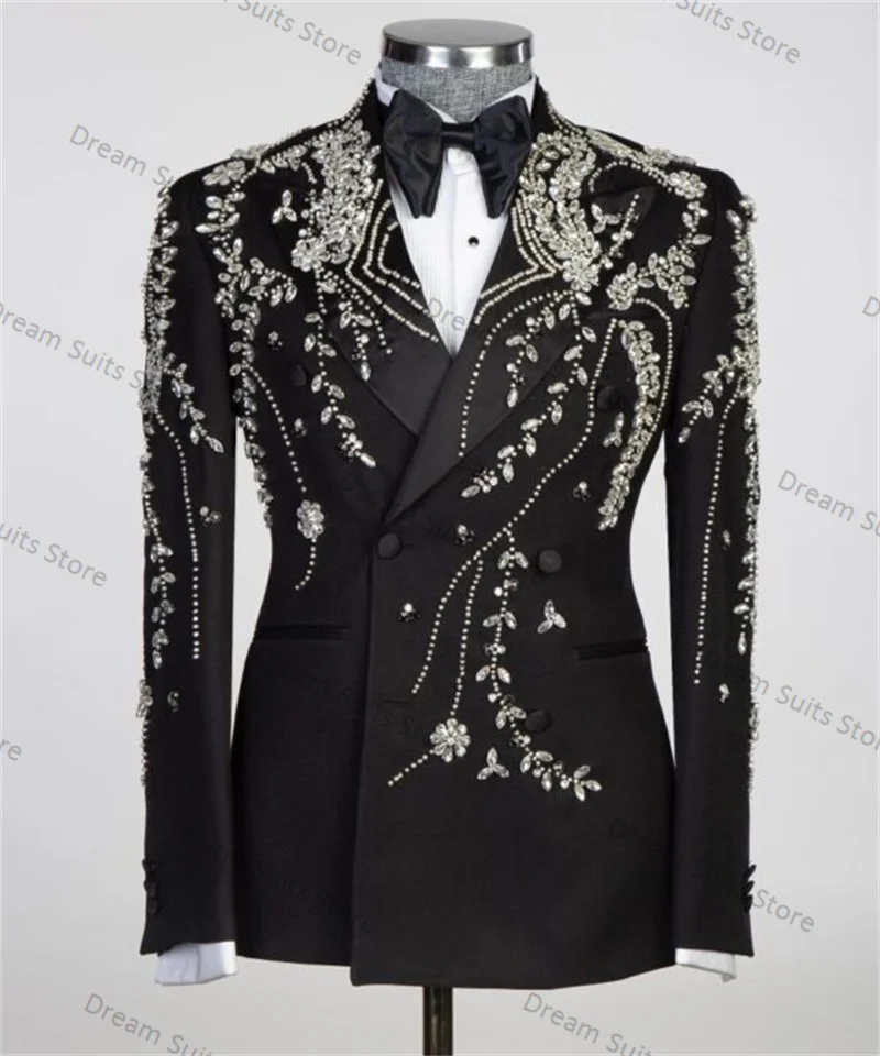 Luxury Crystals Shiny Men Suits 2 Piece Black Blazer+Trousers Prom Wedding Tuxedo Male Coat Customized Formal Office Jacket