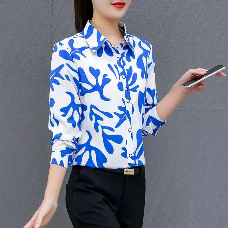 2024 High End Women\'s New Spring Autumn Turn-down Collar Button Printed Elegant Versatile Slim Long Sleeve Commuter Shirt Top